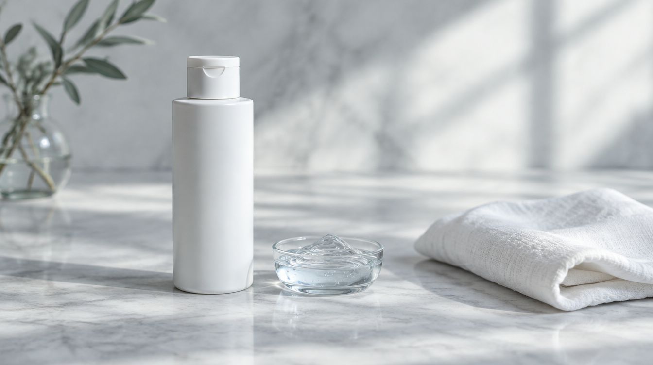 Productos de limpieza facial sobre mármol